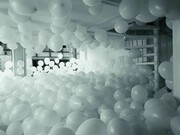 Martin Creed, Work No. 200, Half the air in a given space, 1998, White balloons, Multiple parts, each balloon 12 in / 30.5 cm diameter
Overall dimensions variable , Installation at Galerie Analix B & L Polla, Geneva, Switzerland, 1998 (Detail), Courtesy Il Giardino dei Lauri, © the artist