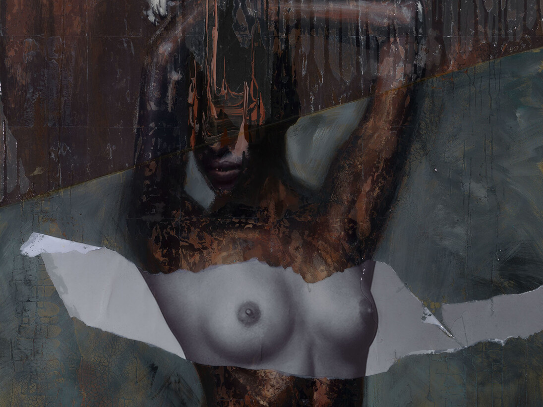 Afshin Naghouni, Pressure Point (allegory series, 2013) 120 x 120 cm, mixed media