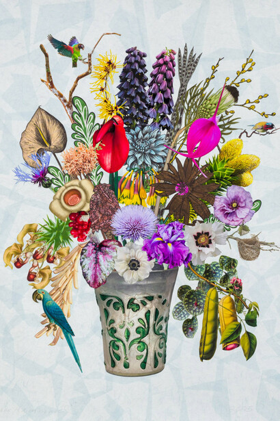 Jane Hammond, Persian cameo glass with blue macaw, monster beans and monkey puzzle tree small copy. Courtesy of Berggruen Gallery