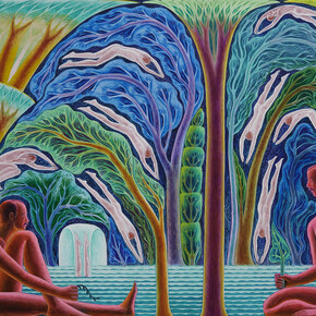 Bryan Rogers, Watering Hole, 2023, acrylic on panel, 30x40 inches. Courtesy of the artist and Monya Rowe Gallery
