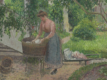 Lavar sin envenenar el cauce. Mover el lavado a un punto que no descargue directamente al río. Camille Pissarro (1830-1903). «Lavandera en el jardín d'Éragny». 1899, óleo sobre lienzo, colección privada