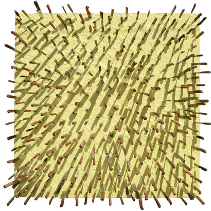 Farhad Moshiri, "Wooden Knife in Yellow" 2014, Acrylic and knives on canvas on board, 67 x 67 inches / 170 x 170 cm, Courtesy Galerie Perrotin