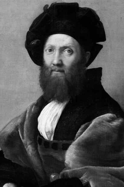 Retrato de Baldassare Castiglione por Rafael. Como se menciona en el texto, Castiglione fue uno de los autores más influidos por la corriente humanista iniciada por Francesco Petrarca, cuyos ideales de dignidad, erudición clásica y sensibilidad poética quedaron inmortalizados en su obra El cortesano
