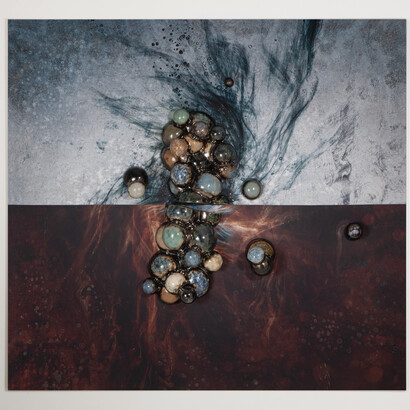 Diaz & Hengst, Birth, 2023, panel: 7 ceramics, printed fabric and mixed media, 78x83.5x20 inches. Courtesy of Leila Heller Gallery