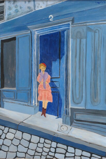 William N. Copley, Paris on Blue, 1947, oil on canvas, 27 7/8 x 21 7/8 inches, 70.8 x 55.6 cm. Courtesy of Paul Kasmin Gallery

