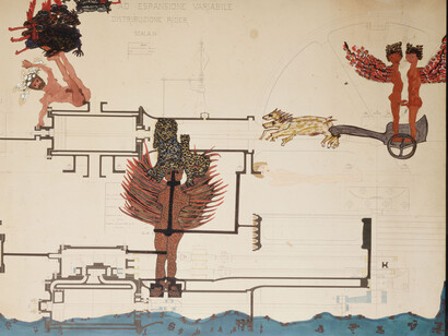 Carol Rama - Sortilegi, 1986 - Mixed mediums on printed paper, 31 1/2 x 57 1/8 in (80 x 145 cm) -
 Private collection
