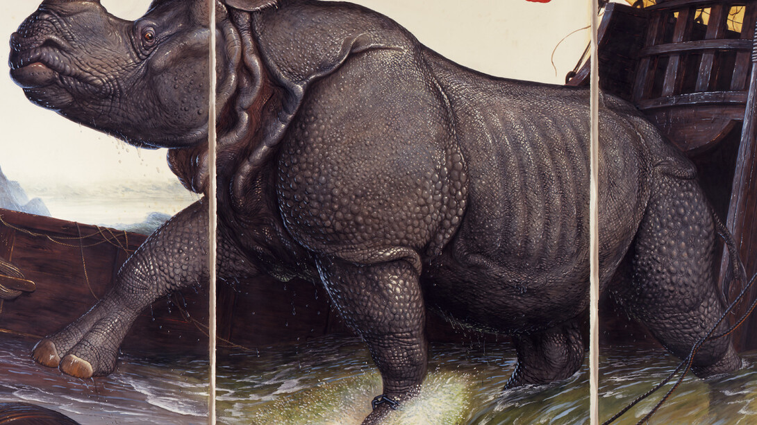 Walton Ford, Loss of the Lisbon Rhinoceros, 2008, signed with artist's initials `W.F.' (lower right corner of right panel), watercolor, gouache, pencil, and ink on paper. Panel 1 framed: 98 1/4 x 42 3/4 inches; 249.6 x 108.6 cm. Panel 2 framed: 98 1/4 x 62 3/4 inches; 249.6 x 159.4 cm. Panel 3 framed: 98 1/4 x 42 3/4 inches; 249.6 x 108.6 cm. Sotheby’s + Paul Kasmin Gallery , Naturalia: Scenes from the Underbrush, 19 January – 4 March 2017