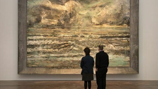 Installation view of Anselm Kiefer, German, born 1945, Von der Maas an die Memel, von der Etsch bis an den Belt (From the Maas to the Memel, from the Etsch to the Belt), 2001-2012. Acrylic, emulsion, oil, shellac and electrolysis on canvas in artist’s lead frame, 176 3/8 x 248 x 17 11/16 inches (448 x 630 x 45 cm). Photograph by Tom Loonan.