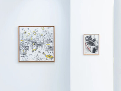 Salifou Lindou, Carambolage (Carom shots), vue de l’exposition. Avec l’aimable autorisation de la galerie Afikaris