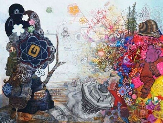 Julie Peppito, Untitled, gouache, thread, micron pen, pencil, found objects, paper on paper, 11 x 14 inches