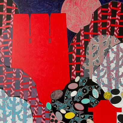 Marianna Bussola, Quello che nella notte stride e brilla (2022), acrilici e matite su tela 50x50 cm
