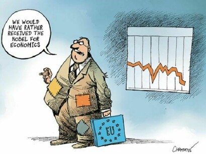 Patrick Chappatte – L’Europa vince il Nobel per la pace. “Avremmo preferito il Nobel per l’economia”, vignetta apparsa su Internazionale 
