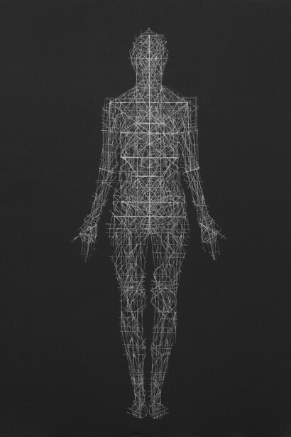 Rachel Garrard, White Shadow, 2014, Silverpoint, shellac and black gesso on linen, 78 x 44 inches