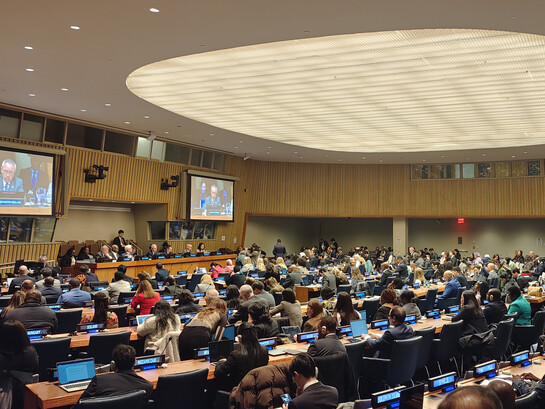 A wide overhead view of a busy international conference session taking place inside Conference Room 4 at the United Nations Headquarters in New York City, 10 February 2025. Photo by Abbas Firthous