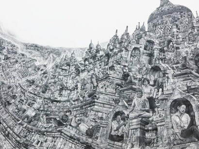 Kumazawa Mikiko, Going to Buddha’s House, 2018, pencil on gesso, mounted on panel, 130.3 x 194 cm, © Kumazawa Mikiko, courtesy of the artist and Mizuma Gallery
