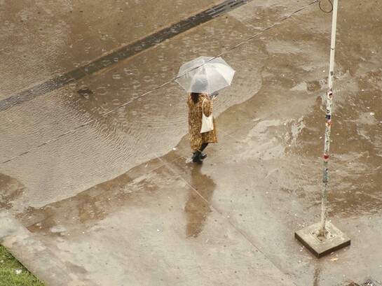 A woman walking alone through the city on a rainy day, sheltered beneath an umbrella