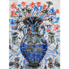 Andrew Schoultz, Vessel with Flowers, 2014, Ink, acrylic, collage, on paper, 50 x 38 inches