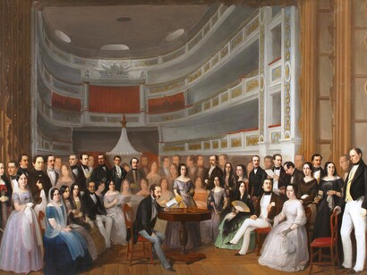 Antonio María Esquivel y Suárez de Urbina, 1846. La obra representa al escritor y dramaturgo Ventura de la Vega (1807-1865), leyendo una de sus obras ante un numeroso público en el Teatro del Príncipe de la ciudad de Madrid, que actualmente recibe el nombre de Teatro Español, España