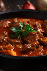 Goulash soup on display, accompanied by fresh tomatoes and onions