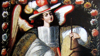 Imagen del Ángel Hosiel, Iglesia de San Francisco de Paula, Uquía, Jujuy, Argentina. Las pinturas de ángeles arcabuceros constituyen una de las expresiones más singulares del arte colonial andino