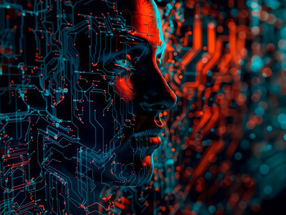 An AI-generated woman's face with robotic features, highlighting cutting-edge technology and innovation