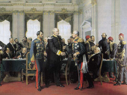 The moment of the signing at the Berlin congress of 1878. In the foreground Bismarck between Andrássy (Austria) and Pëtr Andreevič Šuvalov (Russia) shaking hands