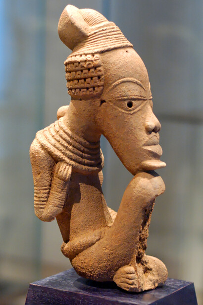 A terracotta figurine produced by the Nok Culture of southern West Africa (500 BCE - 200 CE). Louvre Museum, Paris, France