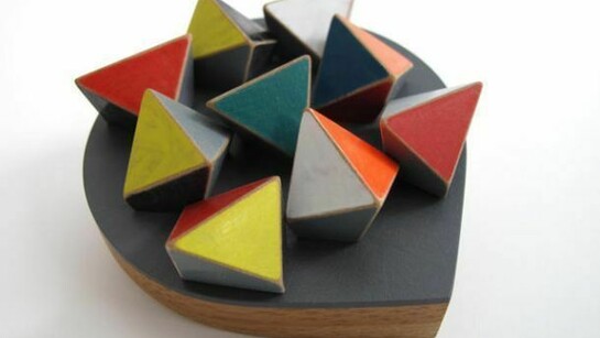 Katy Hackney, Drop shaped brooch with geometric shapes, 2013, Bamboo, colorcore, boxwood, silver, paint, W:6cm H:7cm D:1.5cm