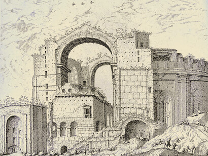 I. Tienen (disegnatore) e Hieronymus Cock (incisore), acquaforte con "Veduta della basilica di San Pietro in costruzione", (sec. XVI)