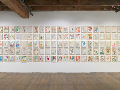 Daniel Johnston, I think, I draw, I am, exhibition view. Courtesy of Pioneer Works