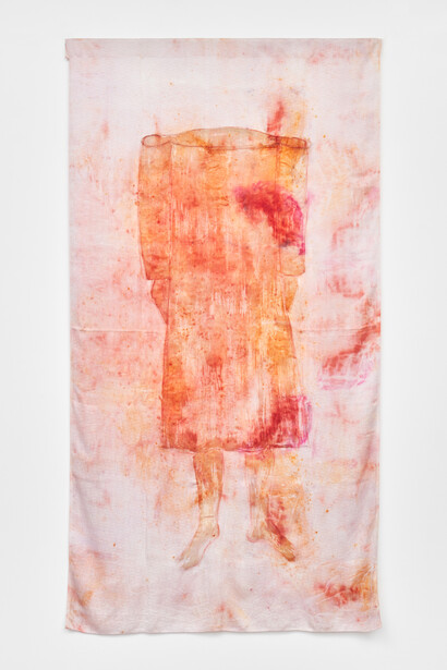 Laura Anderson Barbata, Self-Portrait (With Cochinilla), 2023, 73 1-2x39 1-2 inches, photo by Olympia Shannon. Courtesy the artist and Marlborough New York