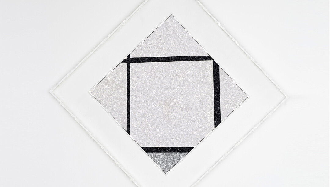 Corinne Felgate, Tableau I Lozenge with Four Lines and Grey, 2014, fabric & glitter on board, Image: 113.7 x 111.8cm, Framed: 170 x 168.5cm