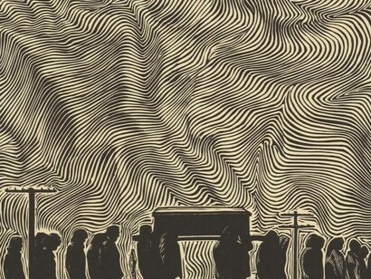 Reynaldo Olivares, Chicano Funeral: From the Burial of Ricardo Falcón (Funeral Chicano: del entierro de Ricardo Falcón), 1972, linocut, N.N. / linóleo, S.N., NMMA Permanent Collection, 2010.177, Gift of Mark Rogovin and Michelle Melin-Rogovin
