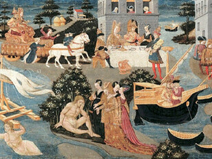 Apollonio di Giovanni (1414–1465)  
Marco del Buono (1402–1489)  «Las aventuras de Ulises (II)». cerca de 1460, témpera sobre tabla, Castillo de Wawel, Cracovia, Polonia 