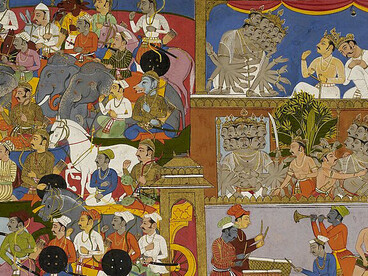 Ravana, overwhelmed by grief at the death of his last remaining son, prepares for battle and sends out his forces against Rama, as depicted in the Mewar Ramayana, painted by Sahibdin in Udaipur in 1652 and now held at the British Library