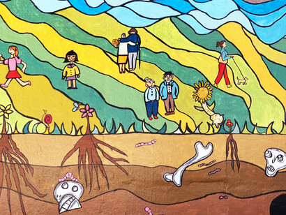 En el centro y la izquierda, la obra imagina un Parque-Memoria donde la comunidad se reencuentra con la vida, los árboles y el juego