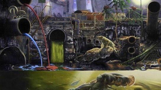 Alexis Rockman, Gowanus, 2013, oil on wood, 72 x 90 inches, Courtesy Sperone Westwater, New York