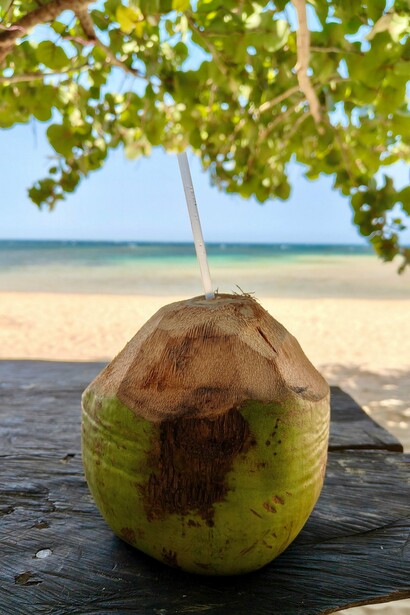 Um coco verde servido à beira-mar ocupa o primeiro plano da imagem, enquanto a praia e o oceano aparecem ao fundo. Os pequenos momentos de descanso também fazem parte da experiência de desacelerar e descobrir novos ritmos durante a viagem
