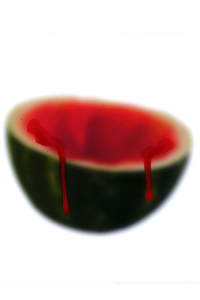 Shen Wei, Untitled (Watermelon), 2014, Acrylic on archival pigment print, 6 x 8 in, courtesy of Flowers Gallery, London and New York