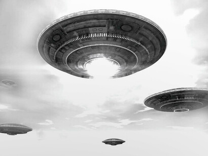 Many UFOs fill the sky in this computer-generated scene