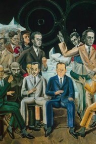 Los surrealistas y sus padrinos se dan cita en Reunión de amigos, de Max Ernst (1922)Óleo sobre lienzo, 130 x 195 cm. Museum Ludwig, Colonia. De pie, de izquierda a derecha: Philippe Soupault, Jean Arp, Max Morise, Rafael Sanzio, Paul Éluard, Louis Aragon, André Breton, Giorgio de Chirico y Gala Éluard. Sentados, de izquierda a derecha: René Crevel, Max Ernst, Fiódor Dostoyevski, Théodore Fraenkel, Jean Paulhan, Benjamin Péret, Johannes Theodor Baargeld y Robert Desnos.