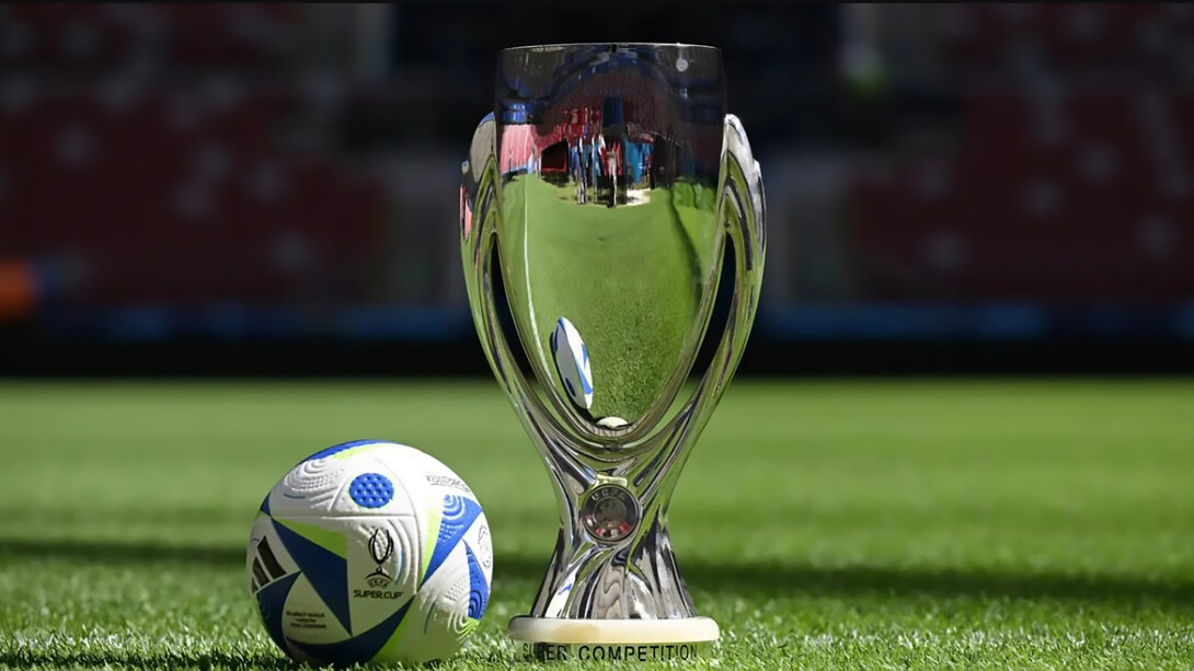 European Super Cup Final 2024 — the trophy placed on the pitch beside the match ball