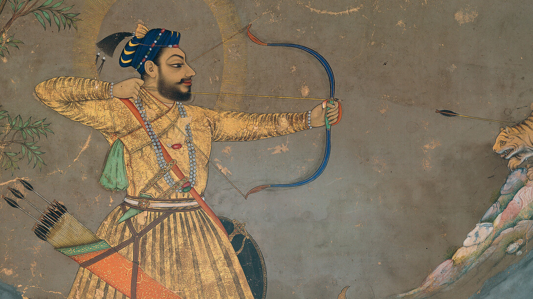 Sultan ‘Ali ‘Adil Shah II Slays a Tiger Attributed to the Bombay Painter (probably Abdul Hamid Naqqash) Bijapur, ca. 1660, Ink, opaque watercolor, gold, and probably lapis-lazuli pigment on paper, 8½ × 12⅜ in. (21.5 × 31.5 cm), The Ashmolean Museum, Oxford. Lent by Howard Hodgkin.