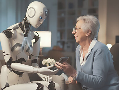 An elderly woman receives care from a knowledgeable robot companion, illustrating the intersection of advanced technology and eldercare discussed in the article