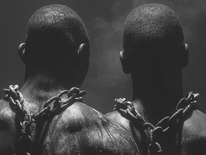Two men in bondage, facing the sky