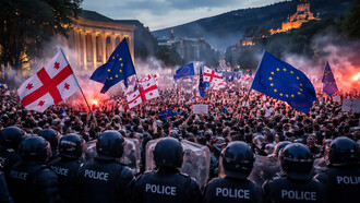 Pro-European protesters face riot police in Tbilisi, as Georgia’s struggle between democratic aspirations and authoritarian pressure unfolds in the streets