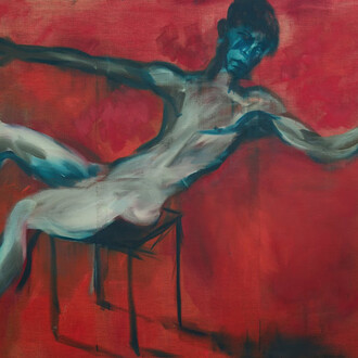 Rainer Fetting,
Steinwerfer / Lanciatore di pietra,
1983,
olio su tela
178 x 230 cm,
Museo del Novecento - Donazione Bertolini 
