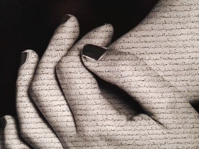 Shirin Neshat. Kanan, from "The Home of My Eyes" series, 2015. Silver Gelatin Print and Ink
152.4 x 101.6cm (40 x 60 in). Courtesy Written Art Foundation, Frankfurt am Main, Germany