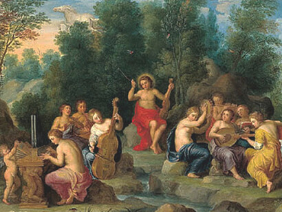 Jan van Balen (1611-1654)  "Apolo y las nueve musas en el monte Helicón, cerca del manantial Hipocrene", siglo 17, óleo sobre lienzo, ubicación no identificada
