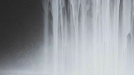 Hiroshi Senju, Falling Water, 2013, Acrylic and fluorescent pigments on Japanese mulberry paper, 33 1/2 x 66 7/8 inches © 2013 Hiroshi Senju